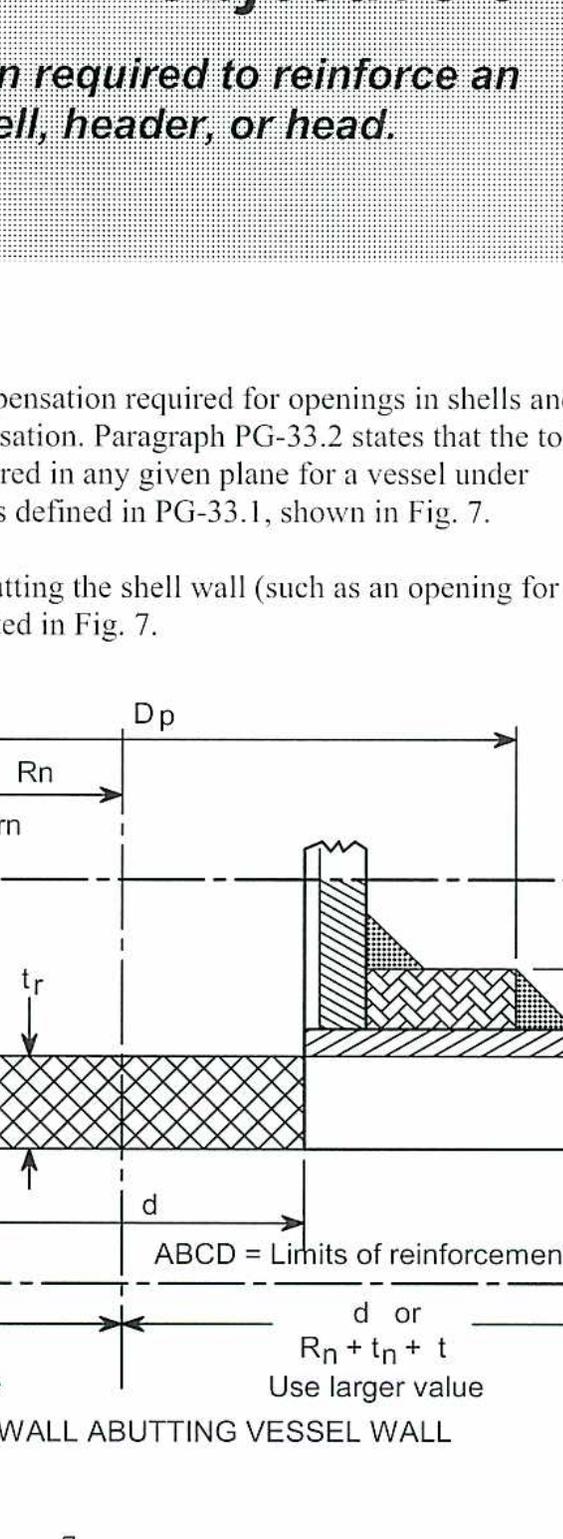 Engineering diagram of a nozzle wall abutting a vessel wall showing reinforcement limits. The diagram labels the shell thickness as 't', nozzle thickness as 't_n', and required thickness as 't_r'. It defines the limits of reinforcement ABCD. Horizontal limits are the larger of 'd' or 'R_n + t_n + t'. Vertical limits above the shell are the smaller of '2.5t' or '2.5t_n + t_e'. Vertical limits below the shell are the smaller of '2.5t' or '2.5t_n'.