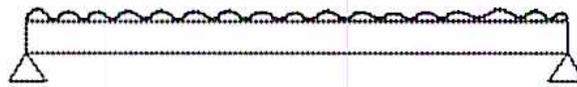 Diagram of a simply supported beam with a uniformly distributed load applied across its entire length, represented by a series of small downward-pointing arcs.
