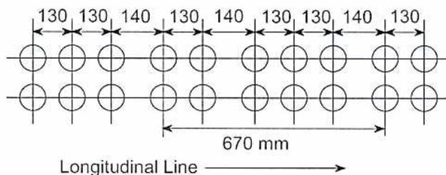 Figure 2: Diagram showing tube spacing with hole pitch unequal in every second row. The diagram shows two rows of circular holes. The top row has hole pitches of 130, 130, 140, 130, 140, 130, 130, 140, and 130 mm. The bottom row is offset. A dimension line indicates a longitudinal distance of 670 mm. A 'Longitudinal Line' is indicated by an arrow pointing to the right.
