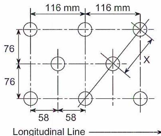 Diagram of a drum tubesheet showing a grid of holes. The longitudinal pitch is 116 mm. The transverse pitch is 76 mm. The horizontal distance between holes in the same row is 58 mm. The diagonal pitch is labeled X. A 'Longitudinal Line' is indicated by an arrow at the bottom.