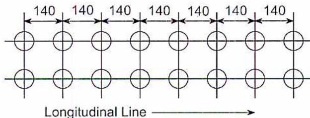 Diagram showing two rows of tube holes with equal pitch. The pitch is labeled as 140 mm between each hole. A horizontal arrow below the holes is labeled 'Longitudinal Line'.