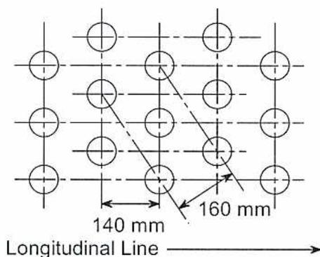 Figure 3: Diagram showing tube spacing with hole pitch varying in every second and third row. The diagram shows a staggered pattern of circular holes across three rows. A horizontal dimension line indicates a pitch of 140 mm. A diagonal dimension line indicates a pitch of 160 mm. A 'Longitudinal Line' is indicated by an arrow pointing to the right.