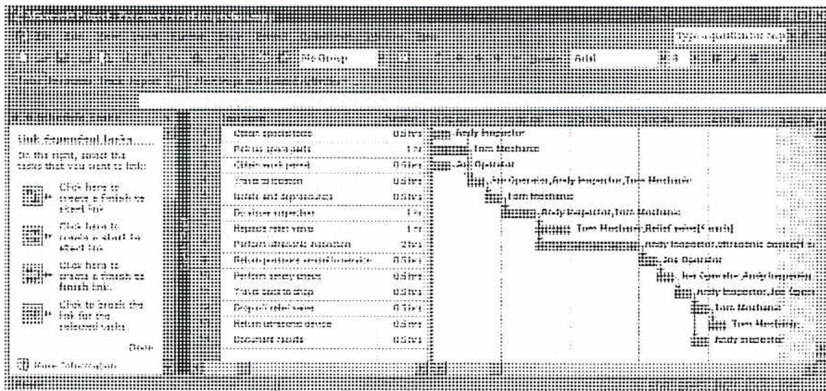 A screenshot of a project management software interface showing a Gantt chart for a 'Pressure Vessel Inspection' task. The chart lists various sub-tasks with their durations and assigned resources (Andy Inspector, Tom Mechanic, Joe Operator). Arrows indicate dependencies between tasks. The left sidebar shows a tree view of the project structure.