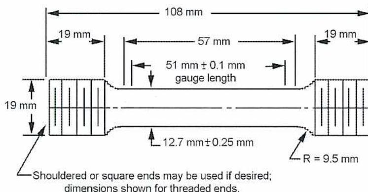 Diagram of a tensile specimen with dimensions and labels.