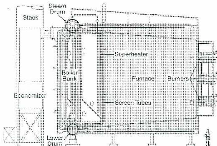 Diagram of a boiler cross-section showing the placement of screen tubes between the furnace and the superheater.