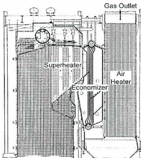 Diagram of an Integral Economizer (Babcock & Wilcox) showing the Superheater, Economizer, and Air Heater components within a boiler structure.