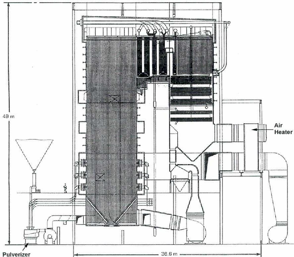 A detailed cross-sectional technical drawing of a B & W Universal Pressure (Once-through) Boiler. The diagram shows the internal structure of the boiler, including the furnace, water jackets, and various piping systems. Key components are labeled: 'Pulverizer' at the bottom left, 'Air Heater' on the right side, and dimensions '49 m' for height and '36.6 m' for width.