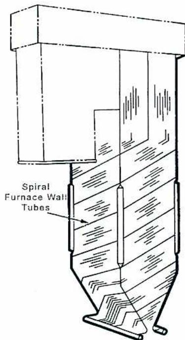 Figure 5: Steam-flood Boiler Tubing Layout. A 3D schematic diagram of a boiler unit. It shows a rectangular furnace with 'Combustion Chamber membrane walls'. A 'Burner opening' is located on the front face of the furnace. To the left of the furnace is an 'Economizer Inlet' and an 'Evaporator Outlet'. A 'Stack' (chimney) is attached to the top of the furnace. The entire unit is mounted on a 'Skid mounting' base.