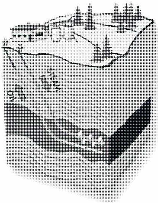 A 3D schematic diagram of a steam injection process. On the surface, there is a building representing a steam generator and several trees. Below the surface, a cross-section of the earth shows a reservoir containing 'OIL' and 'WATER'. A wellbore is shown with an arrow labeled 'STEAM' pointing down into the oil layer. The oil layer is depicted with a wavy, undulating boundary, and the water layer is at the bottom of the reservoir.