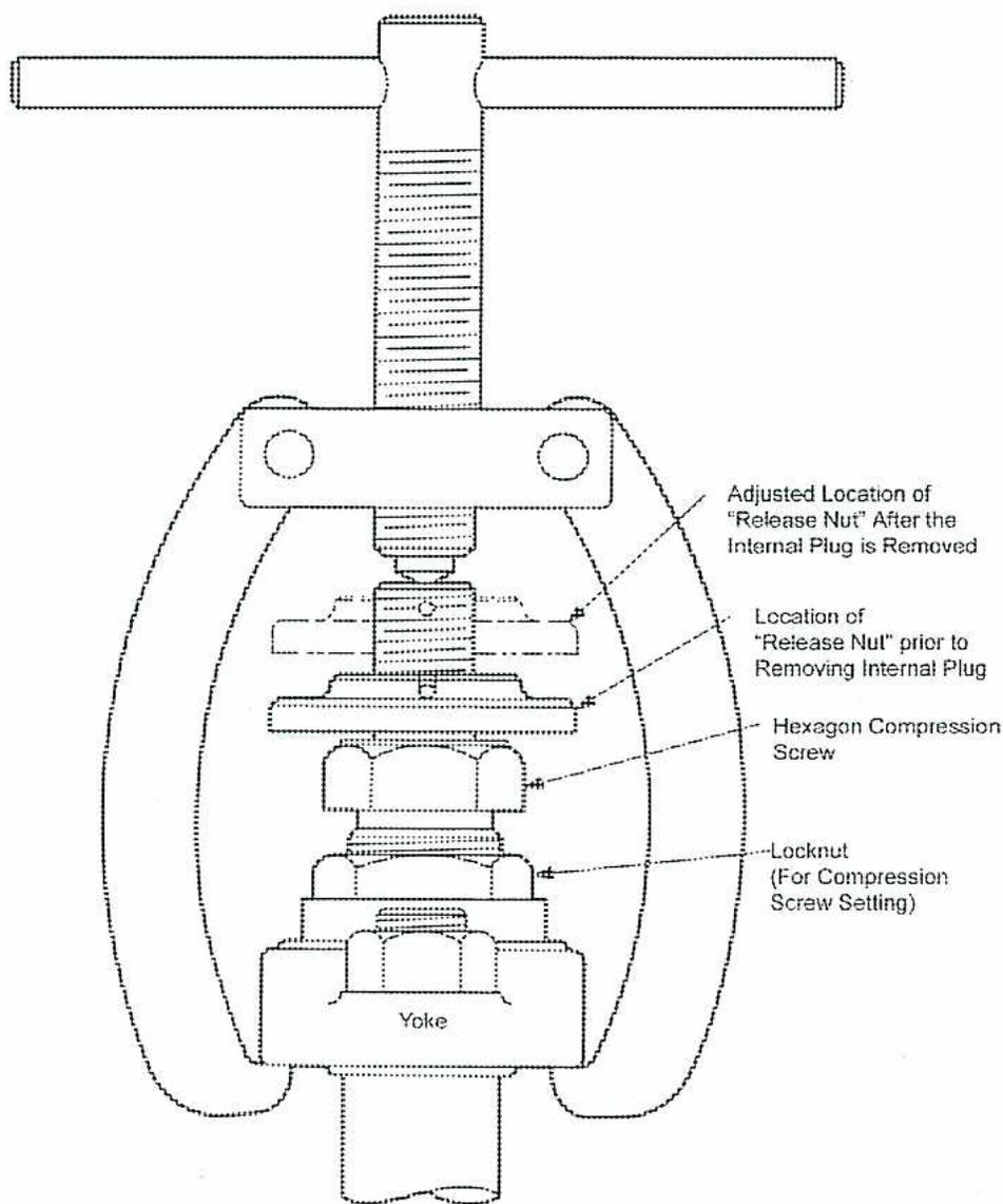 A technical line drawing of a 'Test Gag' device. It consists of a central vertical threaded rod with a horizontal T-bar handle at the top. Below the handle, the rod passes through a rectangular plate with two circular holes. The rod then enters a larger, vertically-oriented oval-shaped housing. Inside this housing, the rod is surrounded by several components. From top to bottom, these are: a 'Release Nut' (indicated by two locations), a 'Hexagon Compression Screw', a 'Locknut (For Compression Screw Setting)', and a 'Yoke'. The yoke is at the bottom of the internal assembly and connects to the lower part of the threaded rod. Labels with leader lines point to each of these components.