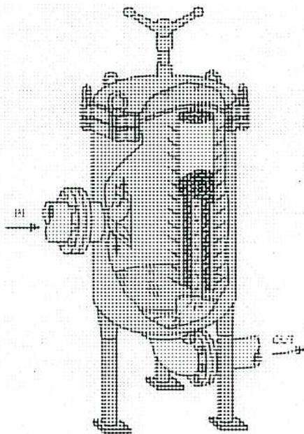 A technical drawing of a Precoat Polishing Filter. It is a vertical cylindrical vessel supported by four legs. An inlet pipe with an arrow pointing right enters from the left side. An outlet pipe with an arrow pointing right exits from the bottom right. A vertical pipe assembly with a valve at the top is connected to the top of the vessel. The drawing is a detailed line illustration showing various bolts, flanges, and internal components.