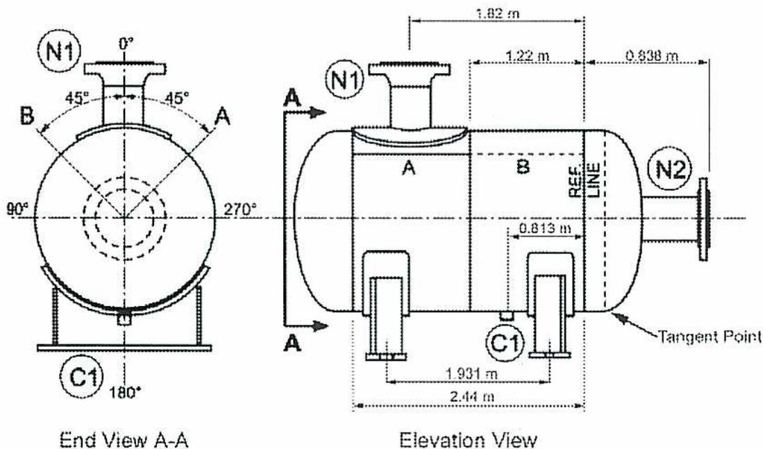 Technical drawing of a pressure vessel showing End View A-A and Elevation View with dimensions.