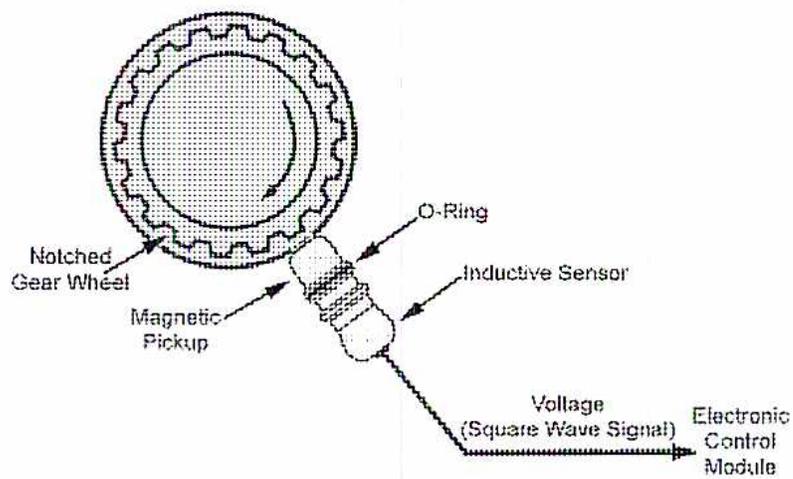 Schematic diagram of a magnetic speed pickup sensor. It shows a notched gear wheel with a clockwise rotation arrow. A magnetic pickup (inductive sensor) is positioned near the gear, secured by an O-ring. A wire connects the sensor to an electronic control module, with the signal labeled 'Voltage (Square Wave Signal)'.