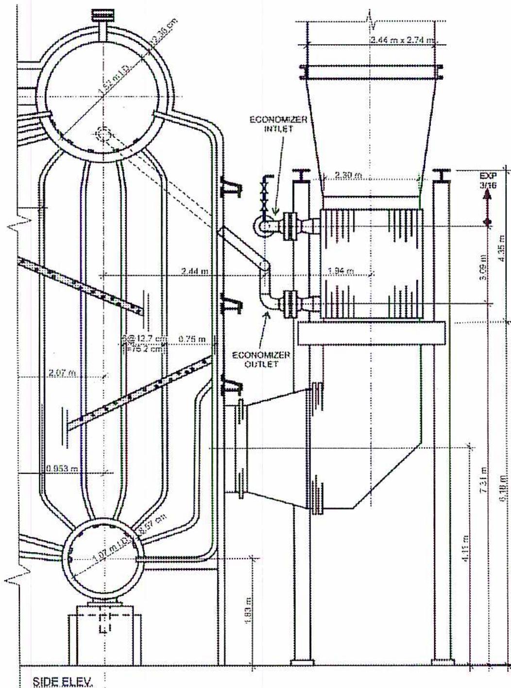 Side Elevation of Boiler and Economizer drawing showing various dimensions and components.