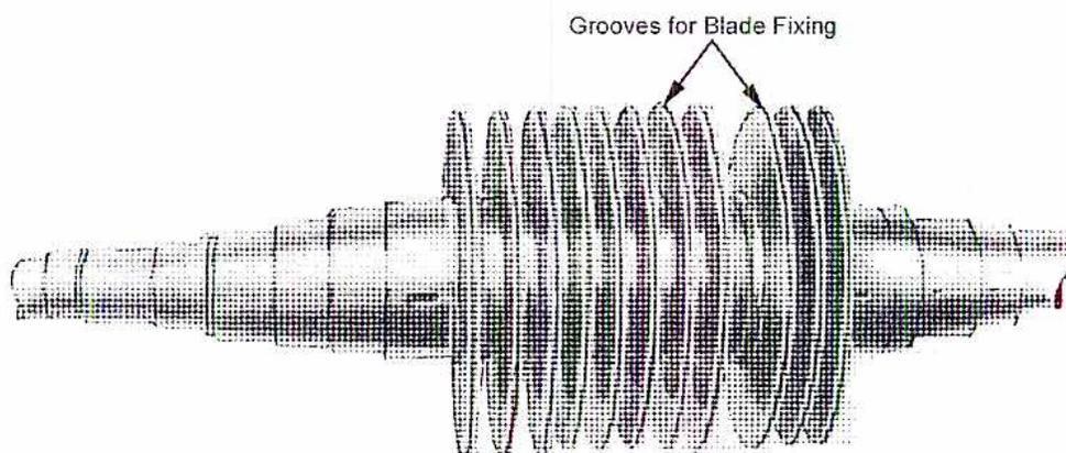 A technical drawing of a solid forged rotor. It shows a central shaft with several discs mounted on it. The outer rims of these discs have grooves for blade fixing, indicated by arrows and the label 'Grooves for Blade Fixing'.