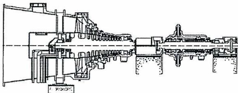 Figure 3: Two-Cylinder Reheat Steam Turbine. This is a 2D cross-sectional side view of a steam turbine. It features two main turbine casings. The first casing on the left is the high-pressure section, and the second casing on the right is the intermediate-pressure section. A reheat duct connects the two casings. The exhaust from the second casing is directed through a long, narrow duct that leads into a large, rectangular component representing a surface condenser. The turbine and condenser are shown on the same horizontal level.