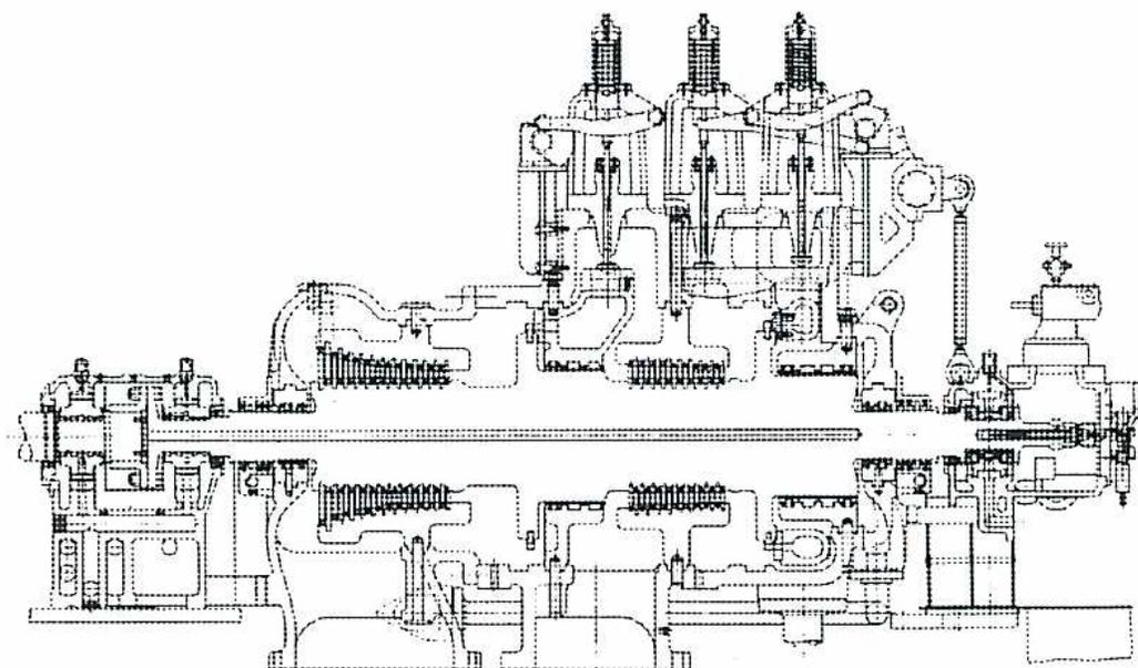 Cross-sectional diagram of an automatic extraction or mixed pressure type turbine.