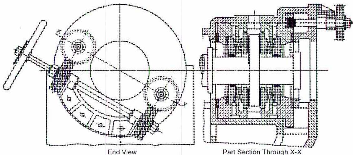 Figure 35: Turbine Thrust Adjusting Gear. The image contains two diagrams. The left diagram, labeled 'End View', shows a circular gear assembly with a hand crank on the left side. It features several smaller gears arranged around a central hub. The right diagram, labeled 'Part Section Through X-X', is a cross-sectional view of the gear assembly, showing internal components like shafts, bearings, and housing details.