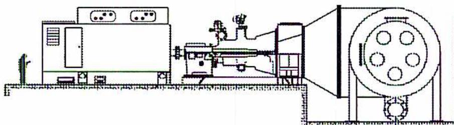 A schematic diagram of a packaged axial exhaust turbine. The diagram shows a control room building on the left connected to a turbine and generator unit. The turbine is connected to a generator, which is in turn connected to a large circular condenser unit on the right. The entire assembly is shown on a foundation.