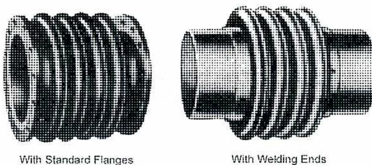 Figure 14: Two types of low pressure corrugated expansion joints. The left image shows a joint with standard flanges, and the right image shows a joint with welding ends.