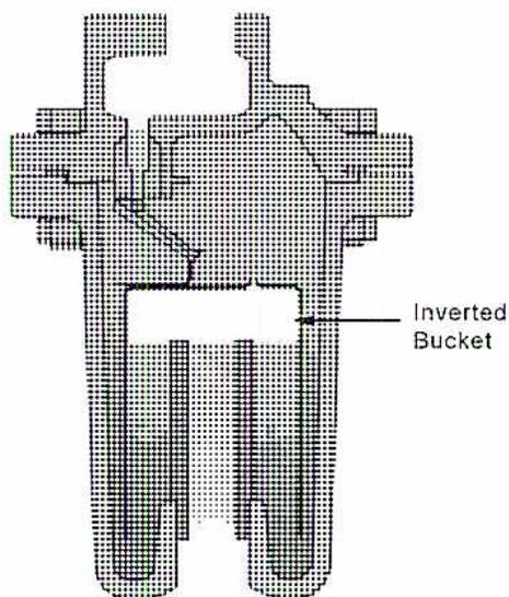 Cross-sectional diagram of an Inverted Bucket Trap. The diagram shows a vertical cylindrical body with an inverted bucket inside. The bucket is suspended by a linkage arm connected to a valve at the top. A label 'Inverted Bucket' points to the bucket. The trap has an inlet at the top and a discharge line at the bottom.