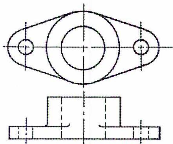 Figure 9: Top and Front Views Only. The top view shows a symmetrical part with a central circular feature and two smaller circular features on the sides. The front view shows a rectangular base with a central rectangular feature and two smaller rectangular features on the sides.