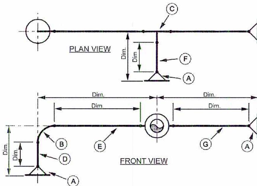 Figure 27: Single Line Orthographic Spool Drawing. This technical diagram shows two views of a pipe spool using single-line representation. The 'PLAN VIEW' at the top shows a horizontal line with a circle on the left, a T-junction in the middle labeled 'C' and 'F', and a flange on the right labeled 'A'. The 'FRONT VIEW' below it shows a vertical pipe section on the left with a flange 'A', an elbow 'B', a horizontal section 'E', a central circular feature, and another horizontal section 'G' ending in a flange 'A'. Dimension lines labeled 'Dim.' with arrows indicate various lengths and offsets throughout both views. Callouts A, B, C, D, E, F, and G point to specific components of the spool assembly.