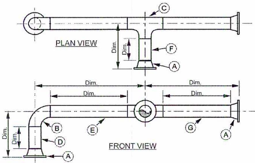 Figure 28: Double Line Orthographic Spool Drawing. This diagram is identical in layout and labeling to Figure 27 but uses double-line representation to show the physical thickness of the pipes and fittings. It includes a 'PLAN VIEW' and a 'FRONT VIEW'. The same callouts (A-G) and dimension lines ('Dim.') are present. The double lines clearly define the outer boundaries of the pipe, the elbow at 'B', the T-junction at 'C', and the flanges at 'A'.