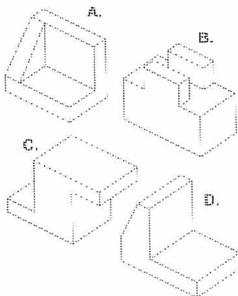 Four isometric drawings of blocks labeled A, B, C, and D.