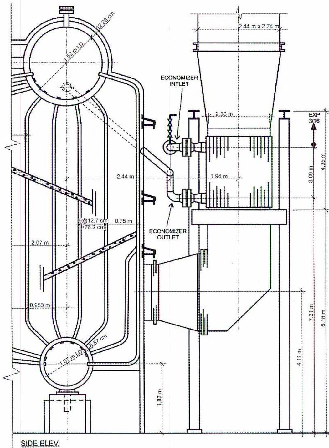 Side elevation drawing of a boiler and economizer assembly with dimensions and labels.