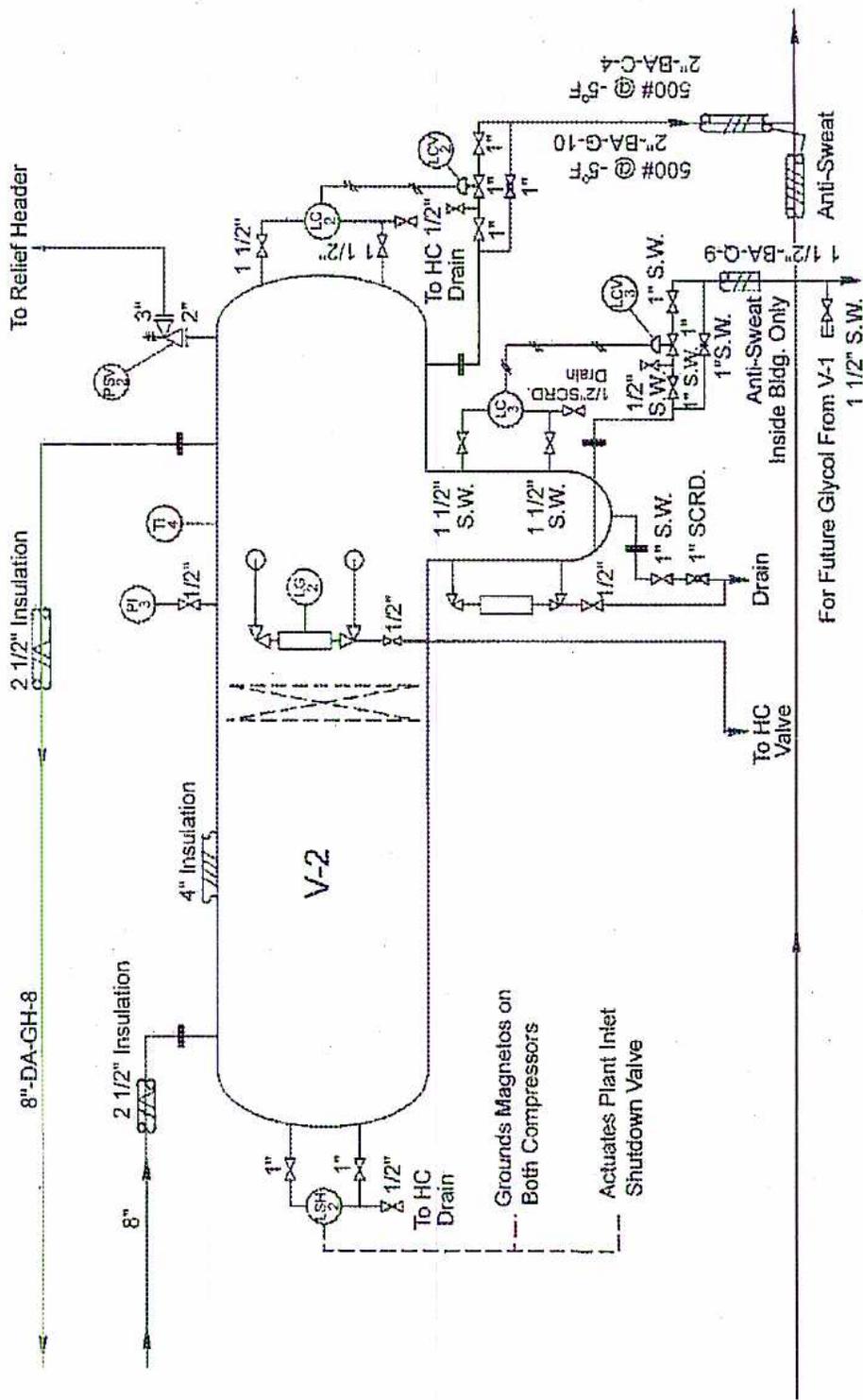 Mechanical flow diagram of vessel V-2 showing piping, insulation, and instrumentation.