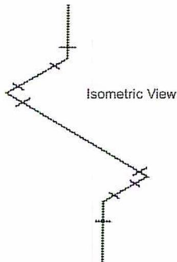 Figure 6: Isometric View Applied to Piping. The diagram shows a piping system in isometric perspective. It consists of a vertical pipe at the top, a 45-degree angled pipe section, and another vertical pipe at the bottom. The pipes are represented by two parallel lines. There are small 'x' marks at the joints and along the segments, likely indicating dimensions or construction points. The label 'Isometric View' is placed to the right of the top pipe segment.