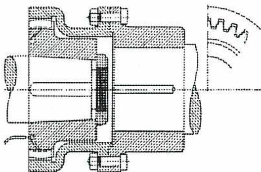 Figure 14: Gear Type Flexible Coupling. This technical drawing shows a longitudinal half-section of a gear-type flexible coupling, similar to Figure 13 but with a different internal design. It shows the housing, the internal gear assembly, and a partial view of the gear teeth on the right side.