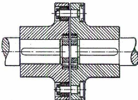 Cross-sectional diagram of a pin and grommet coupling (Figure 11). Two flanges are shown, one on each shaft. The flanges are keyed to the shafts. Bolts are screwed into one flange, and rubber bushes with metal cores are fitted over the plain ends of the bolts. The rubber bushes have a small clearance in the holes of the other coupling flange.