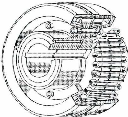 Figure 15: Resilient Grid (Flexsteel) Coupling. This technical drawing shows a cross-sectional view of a resilient grid coupling. It features two hubs connected by a grid of curved, tempered steel springs. The hubs are shown with keyways for mounting onto shafts. The entire assembly is enclosed in a protective casing.