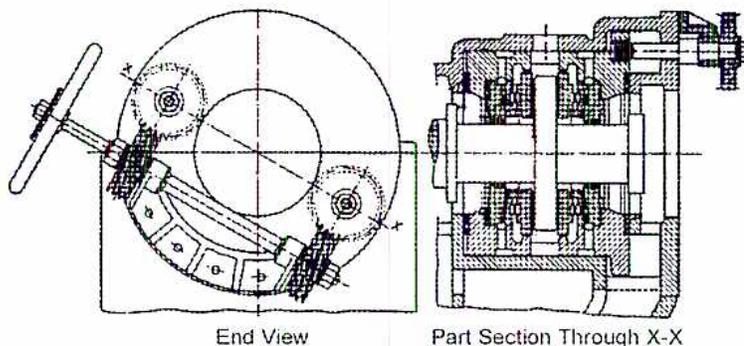 Figure 4: Turbine Thrust Adjusting Gear. The diagram consists of two parts: 'End View' on the left and 'Part Section Through X-X' on the right. The 'End View' shows a circular gear assembly with a hand crank on the left, a large central gear, and several smaller gears around the perimeter. The 'Part Section Through X-X' shows a cross-sectional view of the gear assembly, revealing internal components including a cylindrical thrust block, gears, and housing. A vertical dashed line labeled 'X' at both ends indicates the plane for the cross-section.