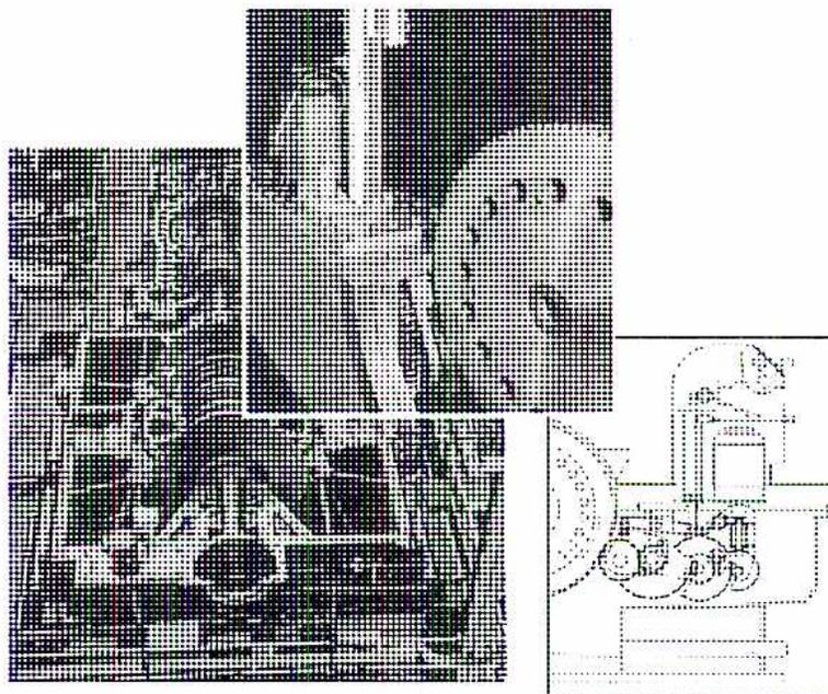A composite image containing three parts: a top photograph showing a close-up of gear teeth; a bottom-left photograph showing a wider view of the gear assembly; and a bottom-right schematic diagram illustrating the gear train and its components.
