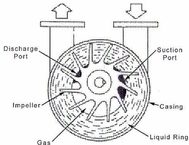 Figure 23: Cross-sectional diagram of a Liquid Ring Vacuum Pump. The diagram shows a central Impeller with multiple blades, an outer Casing, and a Liquid Ring formed between them. A Suction Port is located at the top right, and a Discharge Port is at the top left. Arrows indicate the flow of gas into the suction port and out of the discharge port. Labels include: Discharge Port, Impeller, Gas, Suction Port, Casing, and Liquid Ring.