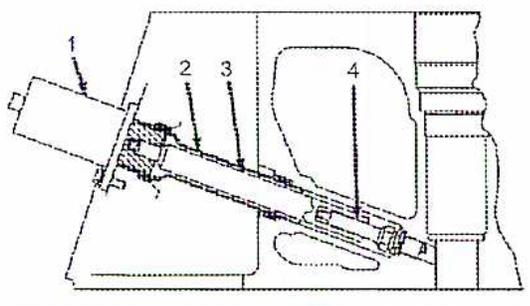 Figure 19: Cross-sectional diagram of a spark plug and ignition coil assembly. It shows the internal components: 1. Coil, 2. Tube, 3. Extender with Spring Loaded Aluminum Rod, and 4. Spark Plug. The assembly is shown mounted in an engine cylinder head.