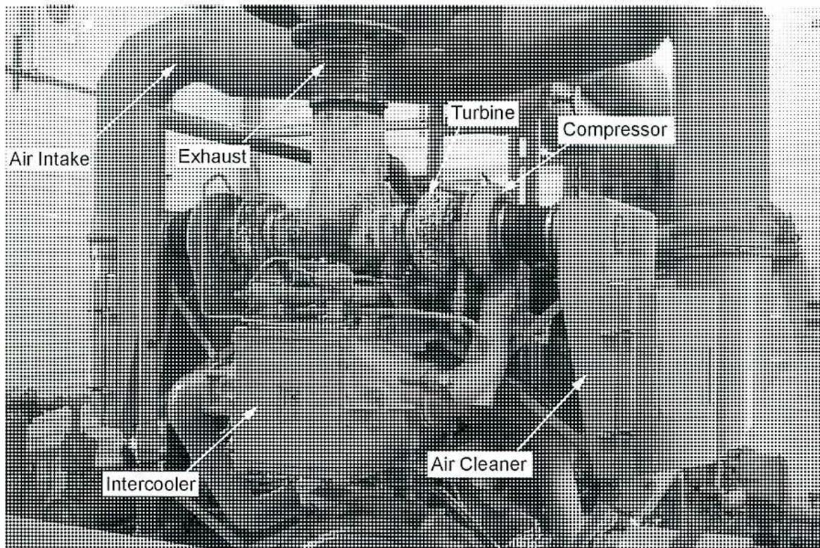 A detailed photograph of a turbocharged engine, likely a natural gas engine, showing its internal components. Labels with arrows point to various parts: 'Air Intake' at the top left, 'Exhaust' at the top center, 'Turbine' and 'Compressor' in the center, 'Intercooler' at the bottom left, and 'Air Cleaner' at the bottom right. The engine is complex with various pipes, hoses, and mechanical parts visible.