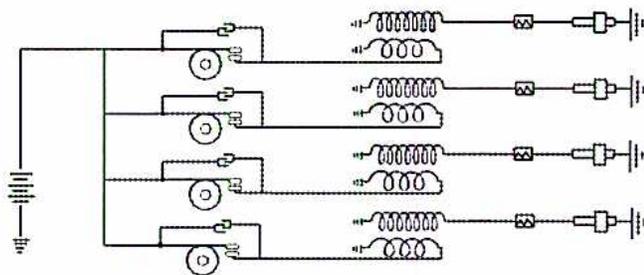 Figure 18: Low Tension Battery Distribution Circuit diagram. It shows a battery connected to four ignition coils. Each coil has a primary winding connected to a switching mechanism (points and condenser) and a secondary winding connected to a spark plug. The switching mechanisms are triggered by a common distributor cam.