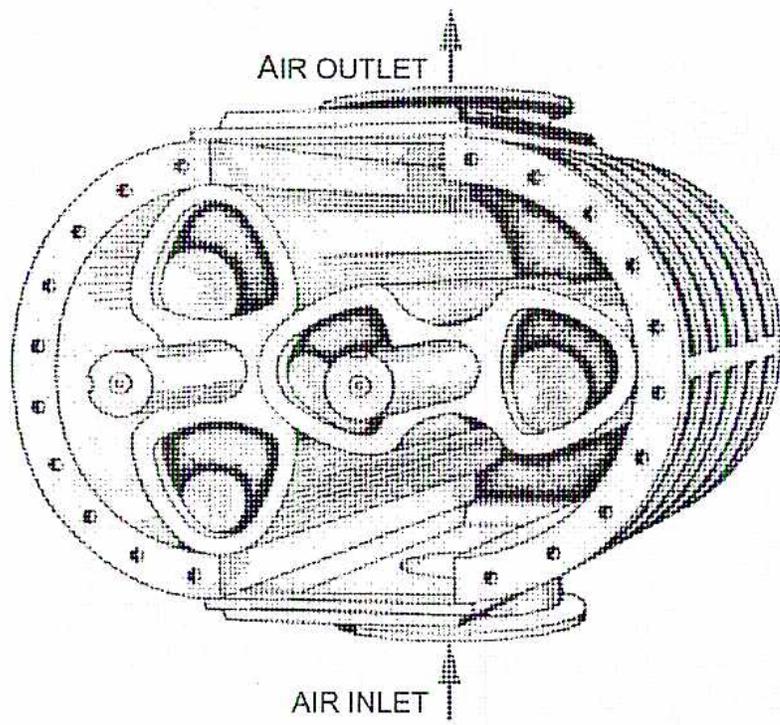 Technical drawing of a ROOTS™ Blower showing internal components and air flow directions.