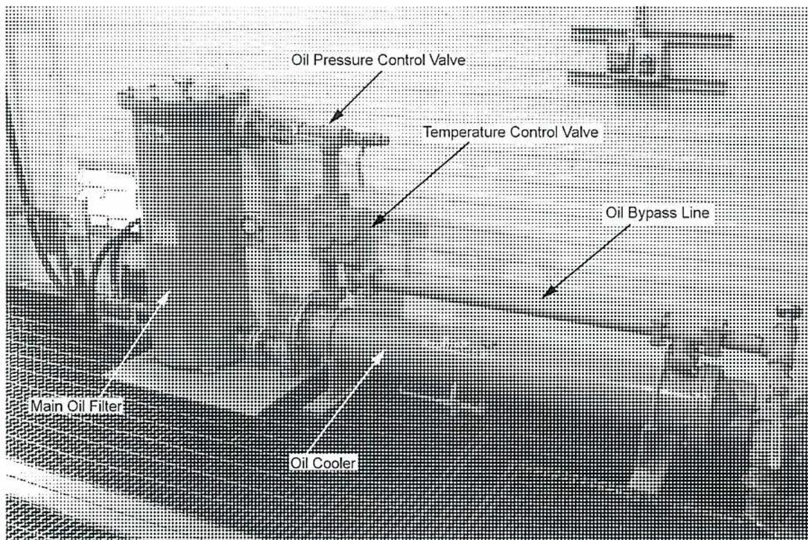 A detailed black and white photograph of an engine's oil cooling and filtration system. The image shows a complex assembly of metal components, including a large cylindrical 'Main Oil Filter' on the left, a rectangular 'Oil Cooler' at the bottom center, and various pipes and valves. Labels with leader lines identify the 'Oil Pressure Control Valve' at the top, the 'Temperature Control Valve' in the upper middle, the 'Oil Bypass Line' running horizontally across the middle, the 'Main Oil Filter', and the 'Oil Cooler'.