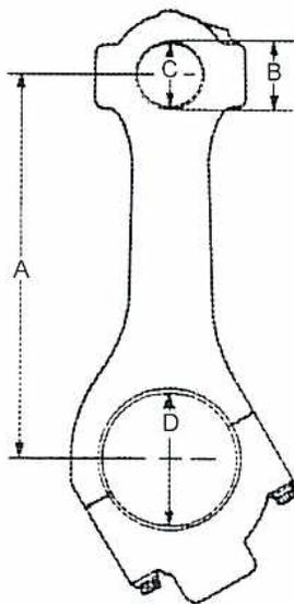 Figure 11: Connecting Rod Dimensions. The diagram shows a connecting rod with dimensions A (length), B (small end width), C (small end pin diameter), and D (big end bearing diameter).