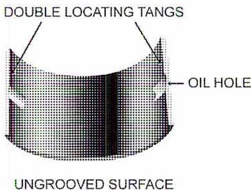 Figure 13: Lower Main Bearing Shell. A technical drawing of a bearing shell showing its features. The shell has a semi-circular shape with a textured, ungrooved surface. It features two locating tangs at the top, labeled 'DOUBLE LOCATING TANGS'. An oil hole is indicated on the right side, labeled 'OIL HOLE'. The bottom surface is labeled 'UNGROOVED SURFACE'.