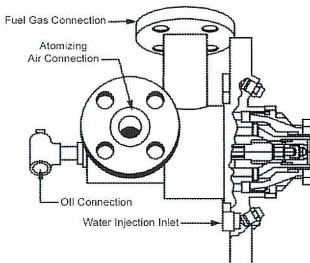 Cross-sectional diagram of a Water Injection Fuel Nozzle showing internal components and external connections.