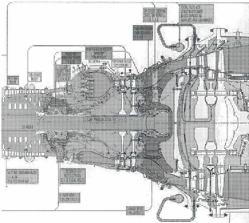 A detailed cross-sectional diagram of a General Electric LM2500 gas turbine engine. The diagram shows the internal components including the compressor, combustor, and turbine sections. The engine is shown in a cutaway view to reveal the internal structure, including the shafts and various casing components.
