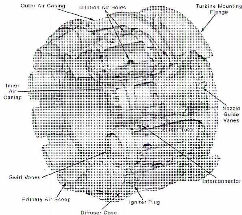 A detailed cutaway diagram of a can-annular combustor. The diagram shows the internal components of the combustion chamber. Labels with leader lines point to various parts: 'Outer Air Casing' (the outermost shell), 'Dilution Air Holes' (small holes in the casing), 'Turbine Mounting Flange' (at the top rear), 'Inner Air Casing' (the inner shell), 'Nozzle Guide Vanes' (curved blades at the exit), 'Flame Tube' (the central combustion area), 'Interconnector' (between flame tubes), 'Igniter Plug' (on the bottom), 'Diffuser Case' (the bottom section), 'Primary Air Scoop' (at the bottom inlet), and 'Swirl Vanes' (at the inlet).
