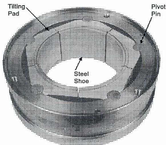 Figure 46: Radial Tilt-Pad Bearing. A cross-sectional view of a radial tilt-pad bearing. It shows five individual tilting pads, each mounted on a pivot pin. The pads are held in place by a steel shoe. Labels point to a 'Tilting Pad', a 'Pivot Pin', and the 'Steel Shoe'.