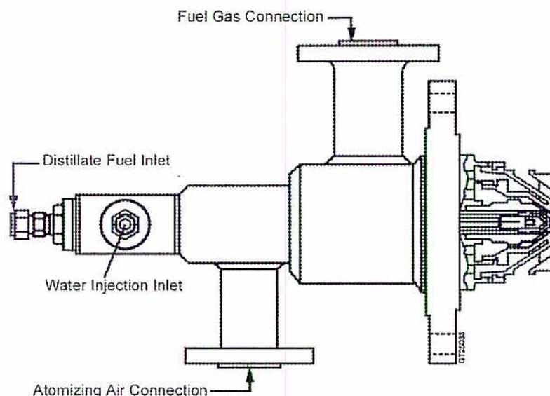 Diagram of a Breech-load Fuel Nozzle showing its various connections and internal structure.